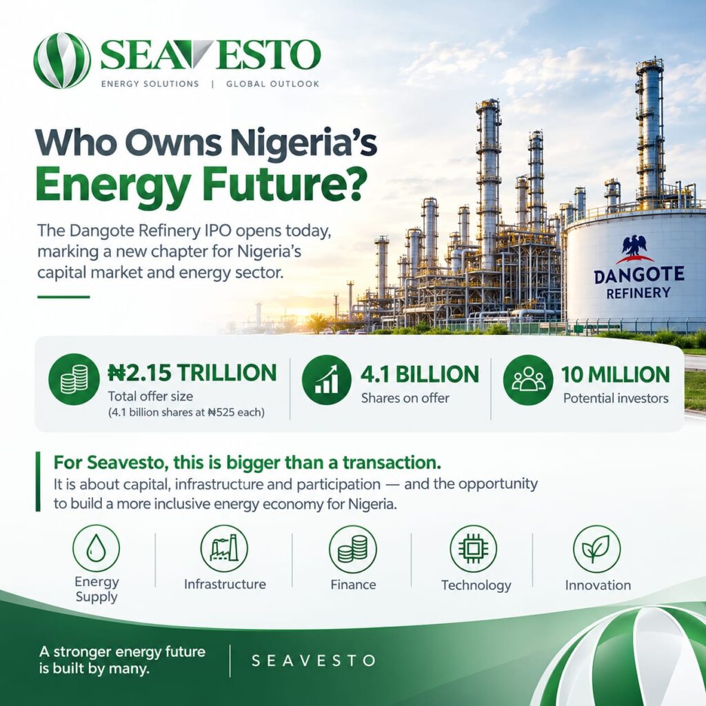 WHO OWNS NIGERIA’S ENERGY FUTURE? 1 The image gives details of the Dangote Refinery IPO